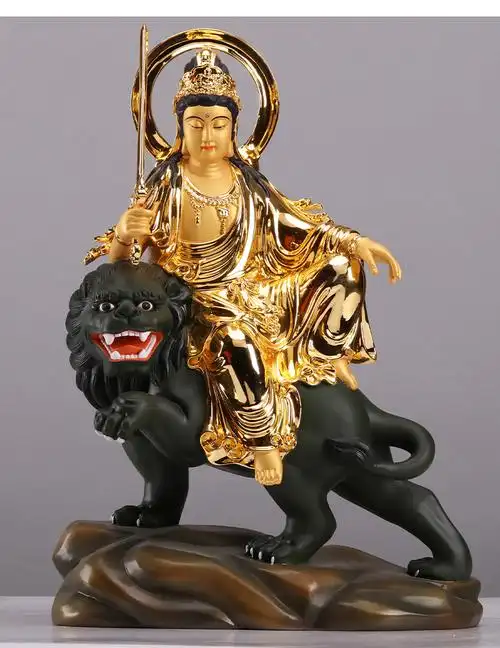 三漫陀全铜贴金42cm五台山文殊菩萨佛像华严三圣普贤菩萨居家摆件