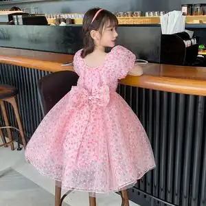 女童纱裙夏装儿童泡泡袖连衣裙夏季洋气甜美公主裙小女孩夏天裙子