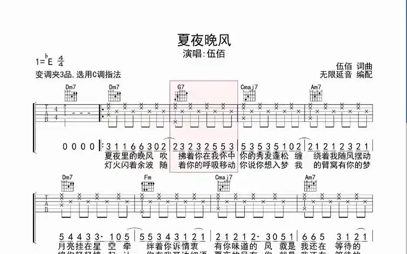 夏夜晚风 ,吉他谱,动态吉他谱,吉他弹唱谱,无限延音吉他