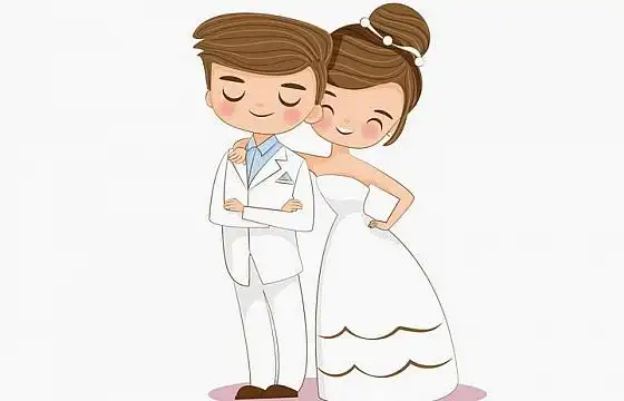 结婚拍婚纱照的卡通小夫妻png图片免抠矢量素材