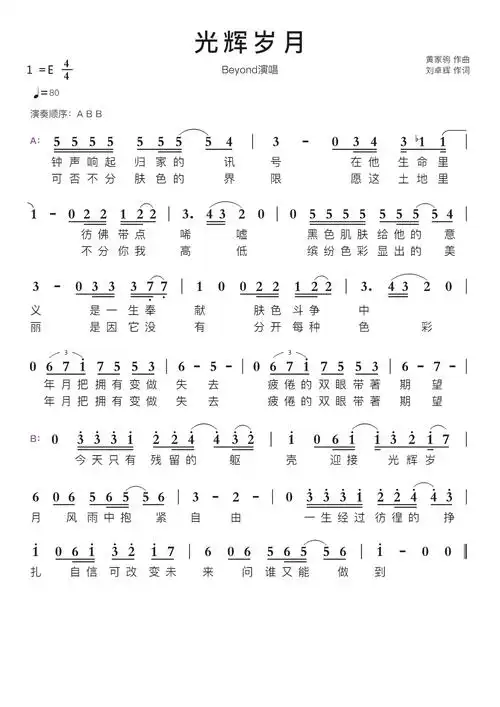 光辉岁月智能简谱beyond演唱