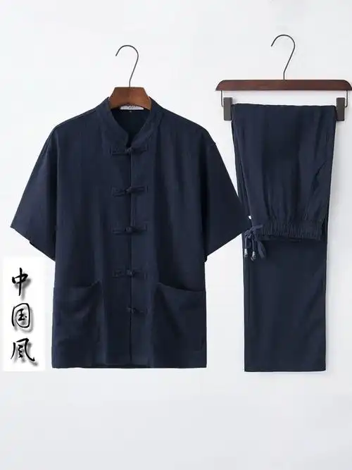 男装男夏季中国风亚麻套装半袖棉麻短袖啄木鸟中老年唐装服装中式