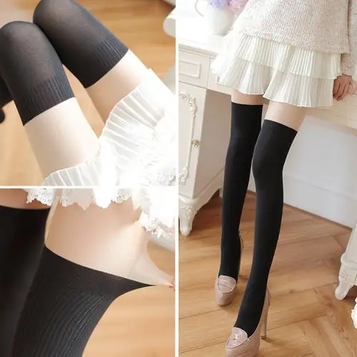 攻速丝袜双色两截拼接肤下暴击高筒大腿过膝连裤袜