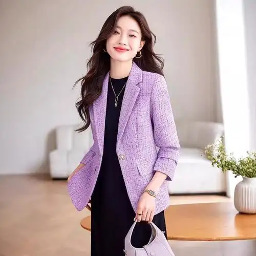 紫色格纹高级感炸街小西装外套女士春秋季一粒扣气质休闲西服上衣