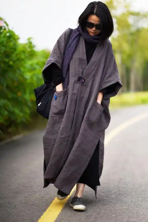 原创亚麻深秋厚实纹理加里粗犷颓废披肩长袍风衣