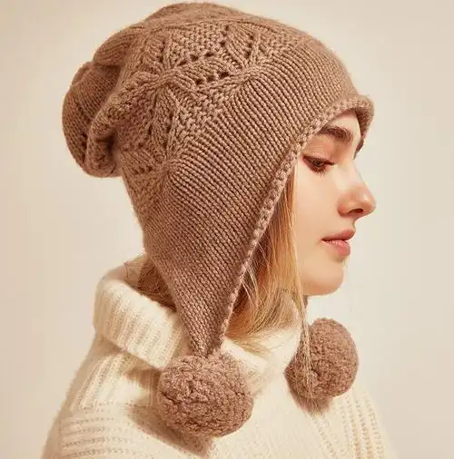 100纯山山羊绒三毛镂空套头针织绞花亲子帽子帽子