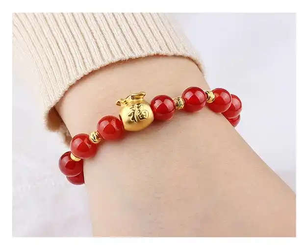 999足金黄金转运珠手链福袋钱袋手链女玛瑙串珠路路通新年礼物 足金