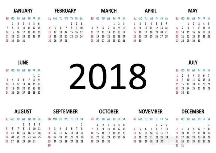 2018 年日历.周从星期日开始.矢量图