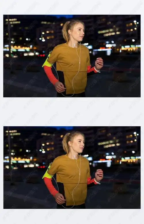 原创晚上城市中的女跑步者版权可商用
