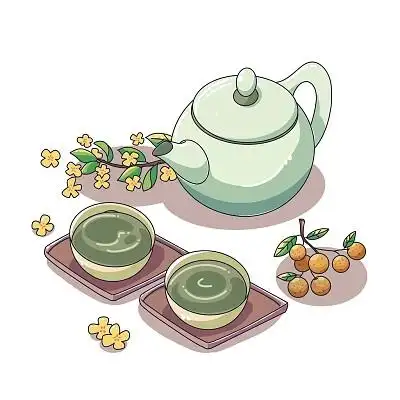 卡通品味茶具和桂圆桂花插画素材png
