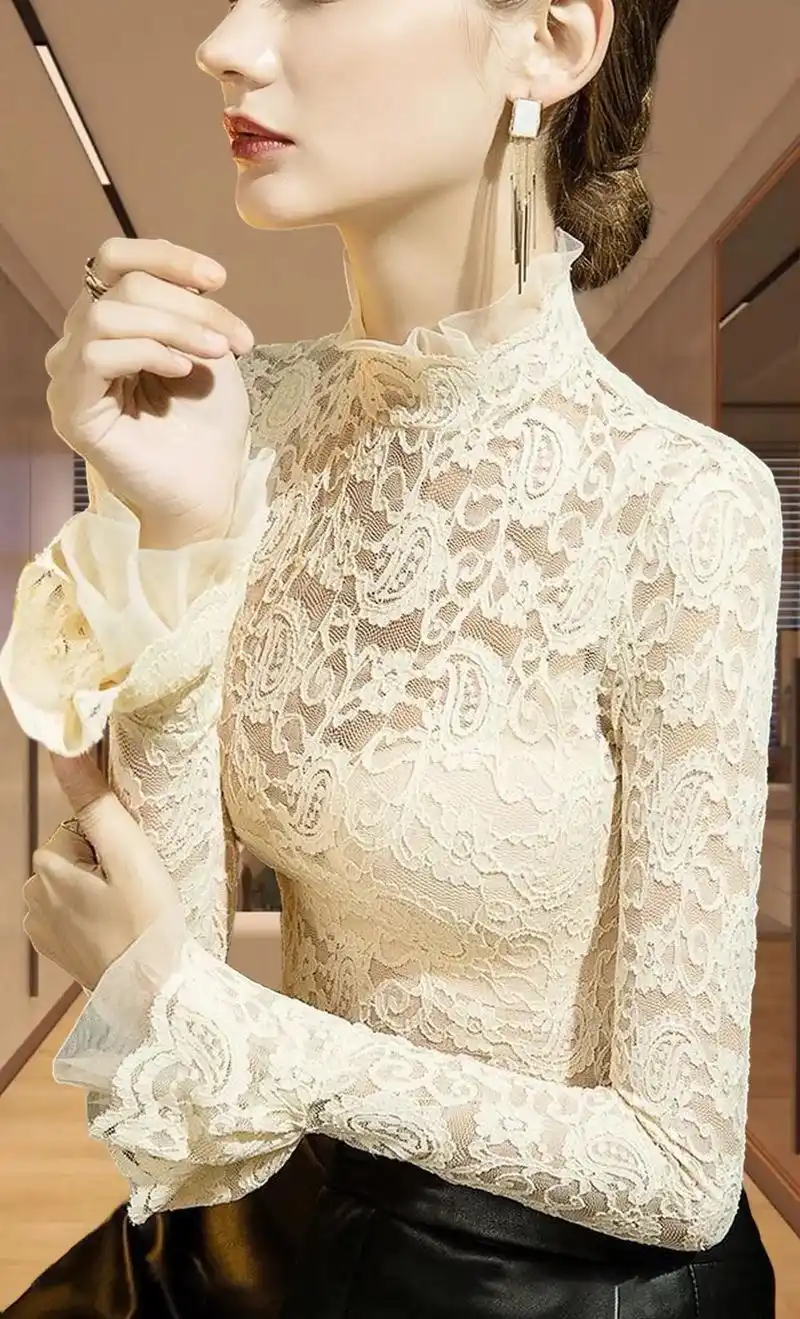 半高领网纱蕾丝泡泡袖打底衫