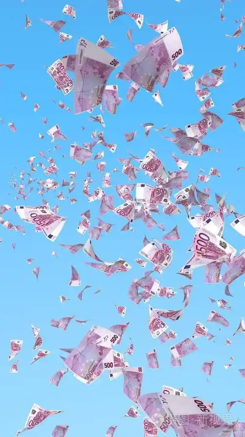 天空背景下飞扬的欧元钞票.钱在天上飞.500欧元的颜色.三维插图