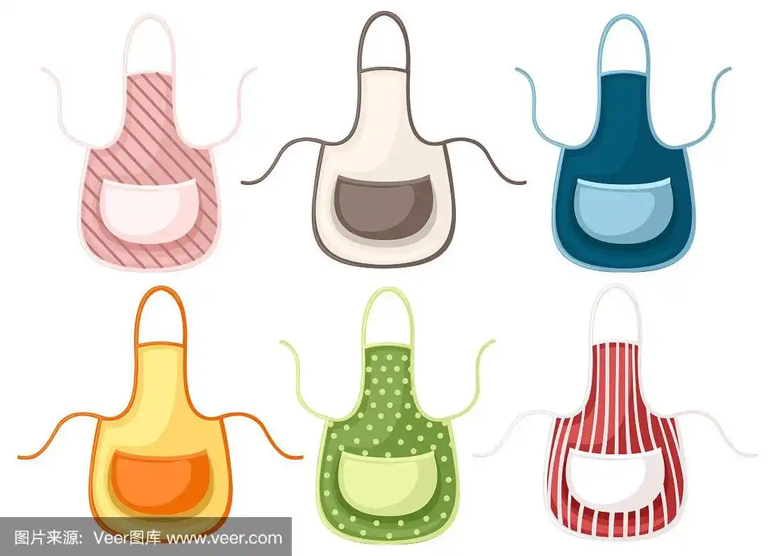 一套彩色厨房围裙.卡通平面风格插图孤立的白色背景