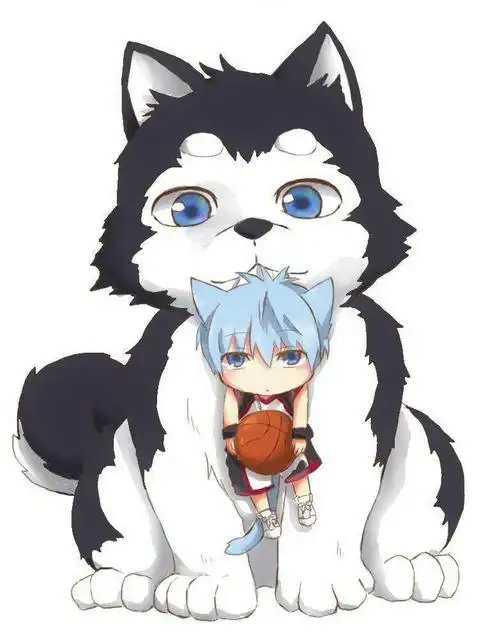 求q版黑子哲也的动漫头像,穿着差不多是这种衣服,坐着的,好像有尾巴