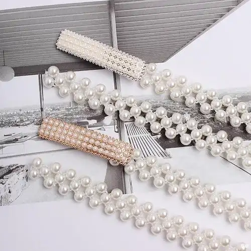 新款女士珍珠腰带长条甜美可爱连衣裙腰链松紧韩版潮流百搭女