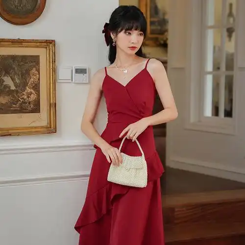 复古露背收腰渡假中长不规则红色连衣裙吊带裙女连衣裙