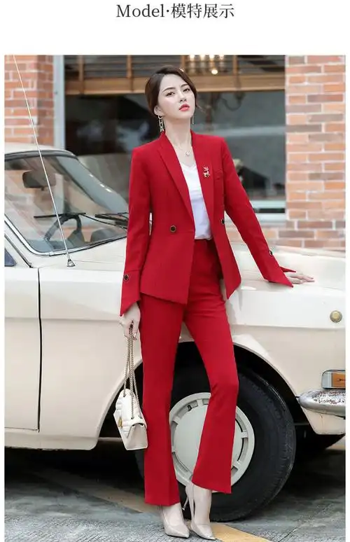 雅鹿品牌高档女装红色西装套装女2022春季新款洋气气质正装职业装工装