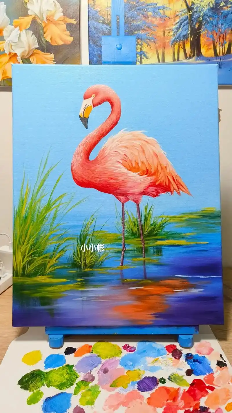 丙烯画火烈鸟绘画步骤图.#丙烯画 #跟着抖音学画画 #手绘 - 抖音