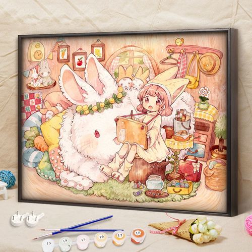 梵彩数字油画diy填色手工动漫客厅卧室手绘兔子女生装饰画油彩画