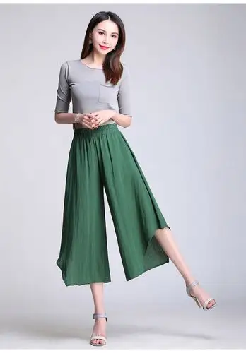 2020春夏新款棉麻a字七分裙裤松紧阔腿裤八分不规则裤裙休闲女裤 黑色