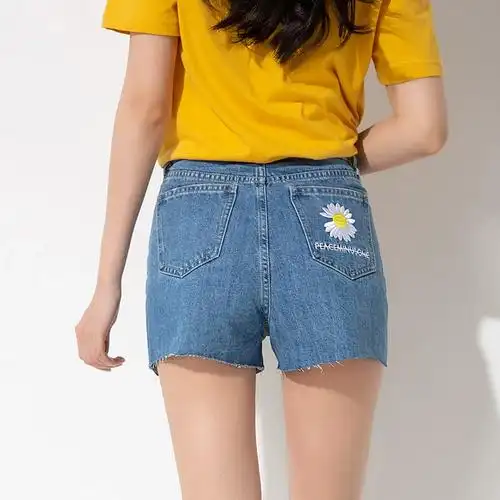 女小雏菊破洞夏季2021新款女潮ins高腰显瘦阔腿裤a字热裤牛仔短裤