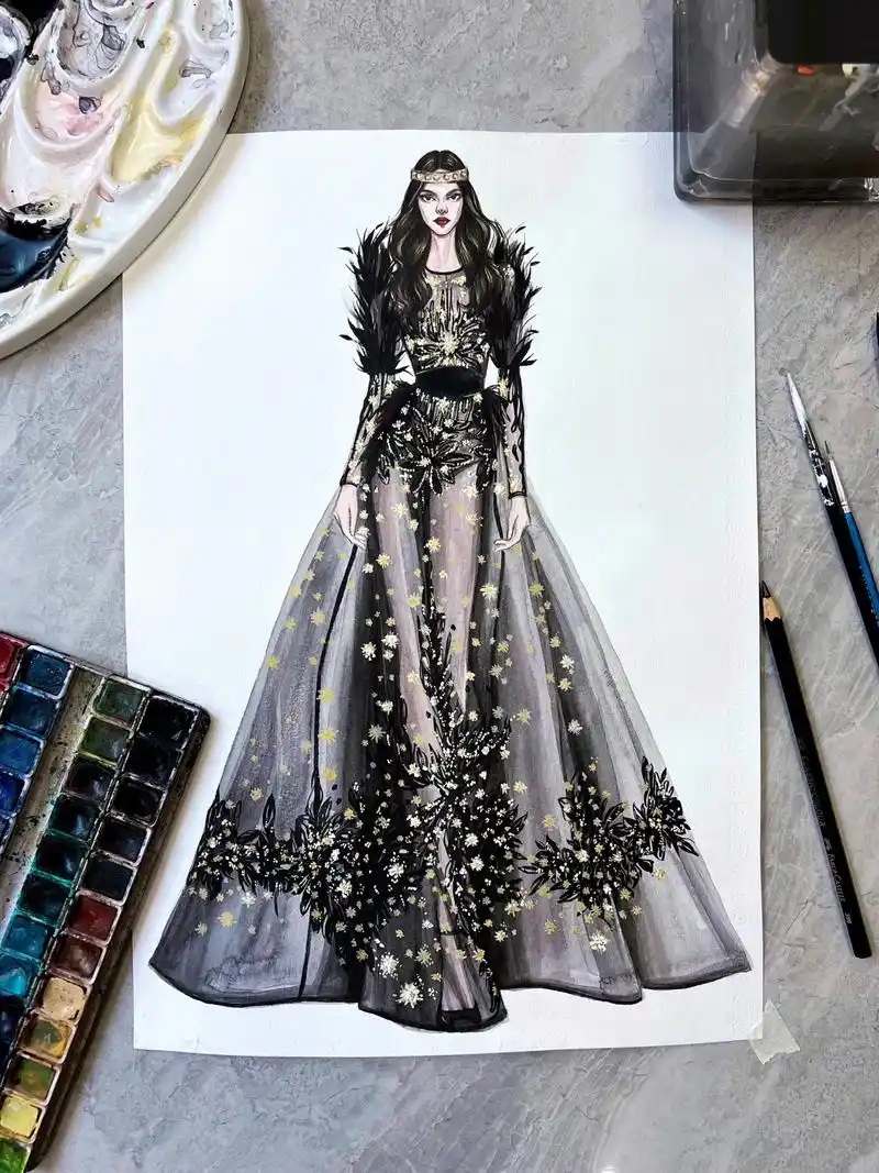 服装设计手绘 #时装画  - 抖音