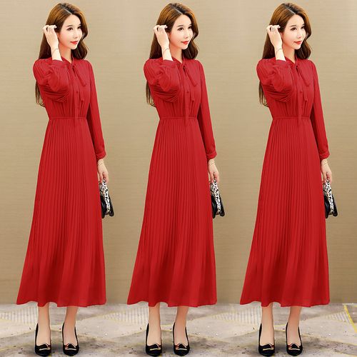 红色雪纺连衣裙长裙沙滩裙2022新款灯笼袖裙子女春系蝴蝶结百褶裙