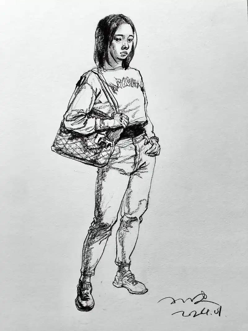 速写单人站姿 炭笔 慢慢放开画.#速写 #画画 #速写人物  - 抖音