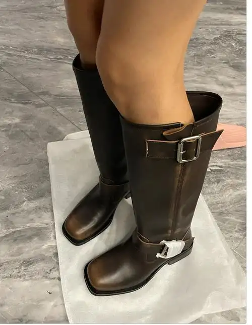 棕色西部靴骑士靴机车靴复古方头中筒靴不过膝长靴擦色牛仔靴女