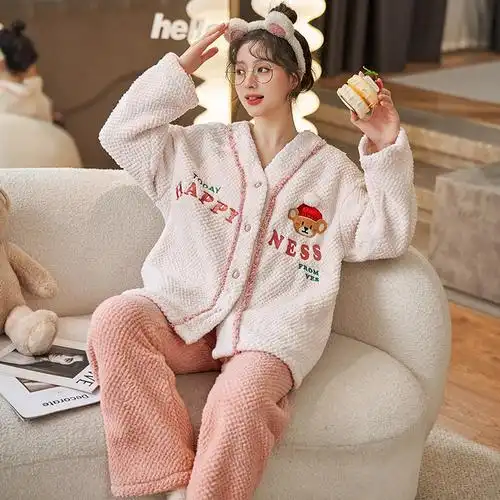 睡衣女秋冬季珊瑚绒加厚加绒绒冬天女士甜美开衫法兰绒家居服套装