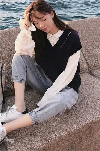 单件/套装女学生韩版学院风春百搭衬衫时尚针织背心 九分牛仔裤