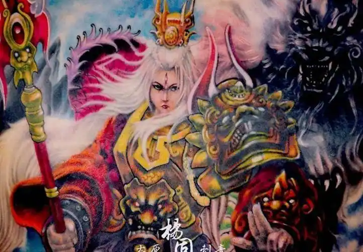 二郎神纹身图片_背部传统肖像国画人物鬼神宗教成品手稿纹身图案