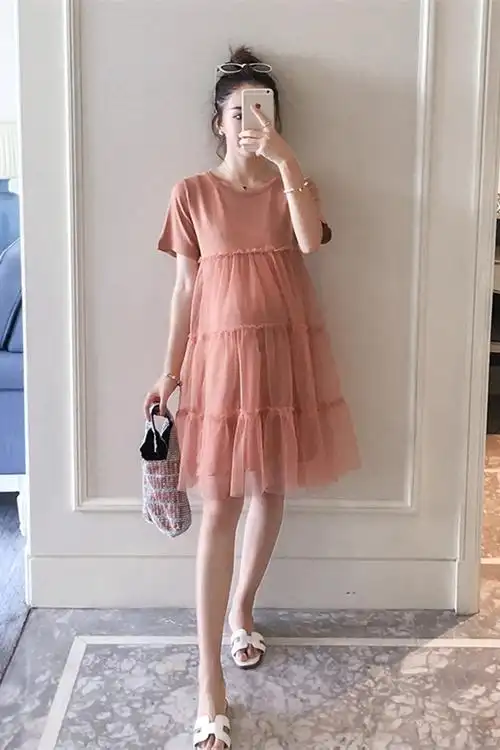 孕妇装网纱拼接孕妇连衣裙韩版中长款宽松孕妇裙时尚短袖夏装上衣