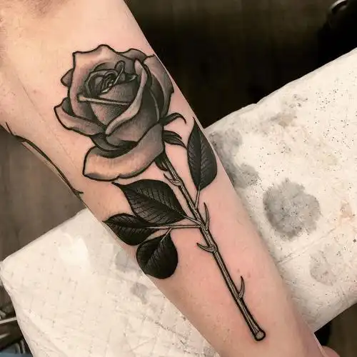 小臂黑灰写实玫瑰纹身图案