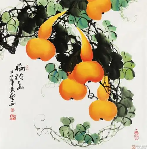 【已售】黄艺四尺斗方招财辟邪葫芦画《福禄图》