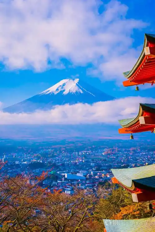 日本大林秋季枫叶树旁有朱雷托塔的富士山美景照片-正版商用图片14q7