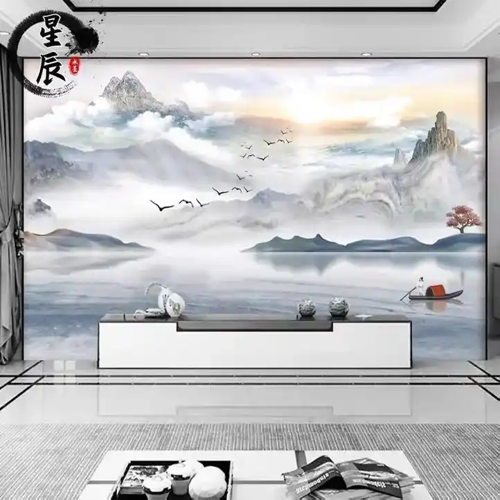 3d立体中式山水大理石墙纸电视背景墙壁纸8d客厅沙发影视墙布壁画