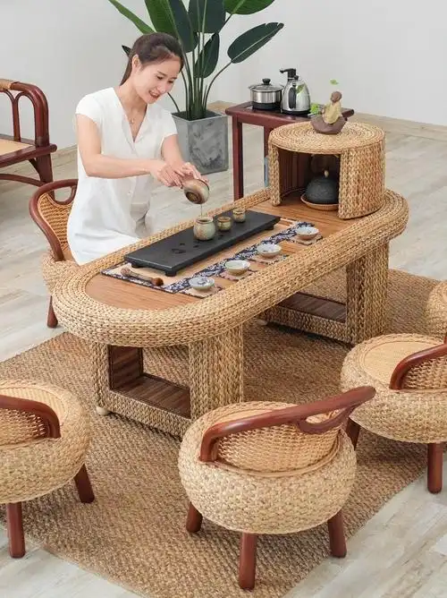 藤编阳台茶桌椅组合简约现代家用小茶台桌创意榻榻米小桌子小茶几