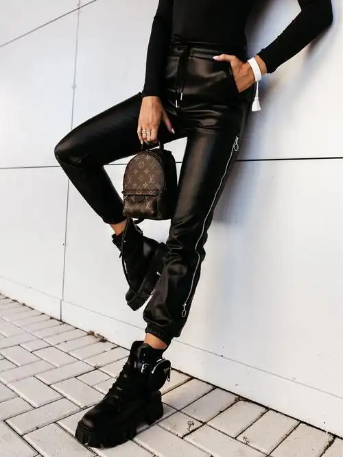 跨境独立站欧美ins热门侧边开叉拉链皮裤pu休闲性感女裤