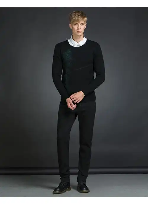 elle homme男装针织衫 2017秋冬新款时尚羽毛绣花修身长袖针织衫 黑色