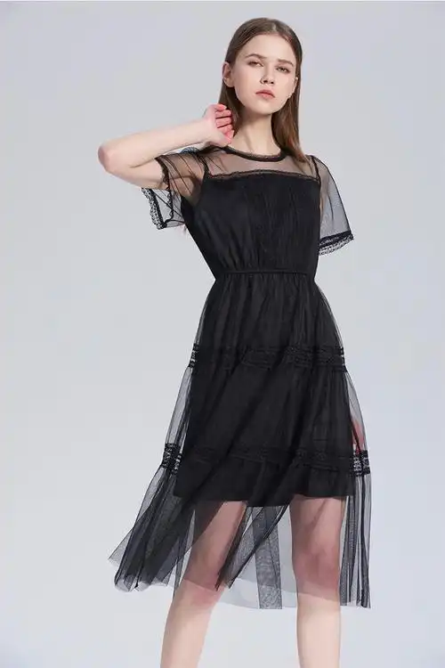 five plus新款女装网纱连衣裙短袖高腰气质中长款裙子透视 黑色090 m