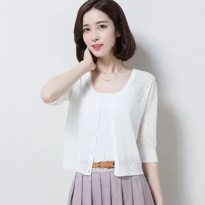 夏季冰丝镂空短款宽松超薄针织开衫显瘦中袖小披肩女士外搭空调衫