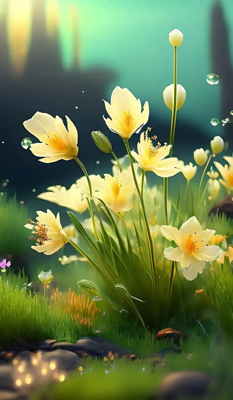 超美丽梦幻的草世界,水晶淡黄色的百合花,花瓣上有许多露珠,光 - 抖音