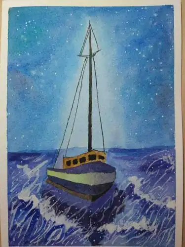 5.画星星,水粉白色加少量水调匀,用笔杆敲打画笔甩出均匀的小白点.