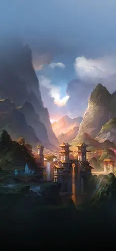 大山下的古代城池动漫场景