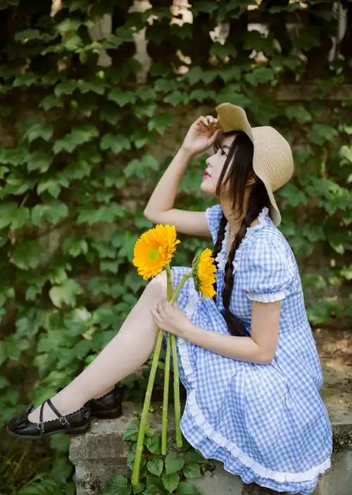 花香女孩甜美可爱复古格子裙清新写真照