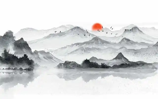 中国风水墨墨迹水墨油画笔触山水日出美景古风png素材