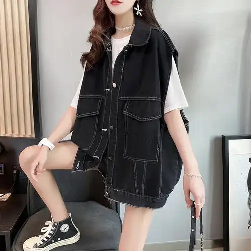 春秋黑色牛仔马甲外套女宽松韩版时尚背心开衫百搭坎肩洋气薄款夏