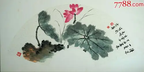 著名画家刘文顺国画精品扇面荷花图清凉一夏