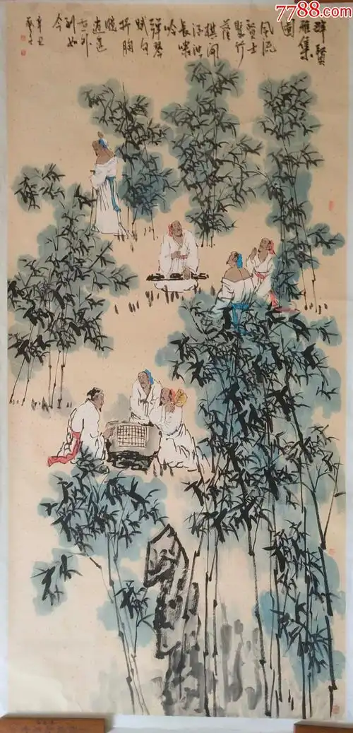 中国美术家协会会员著名画家王艺千(王健)老师六尺整张竹林七贤作品